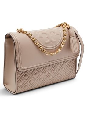 Tory Burch Taupe Quilted Leather Shoulder Bag with Gold Hardware